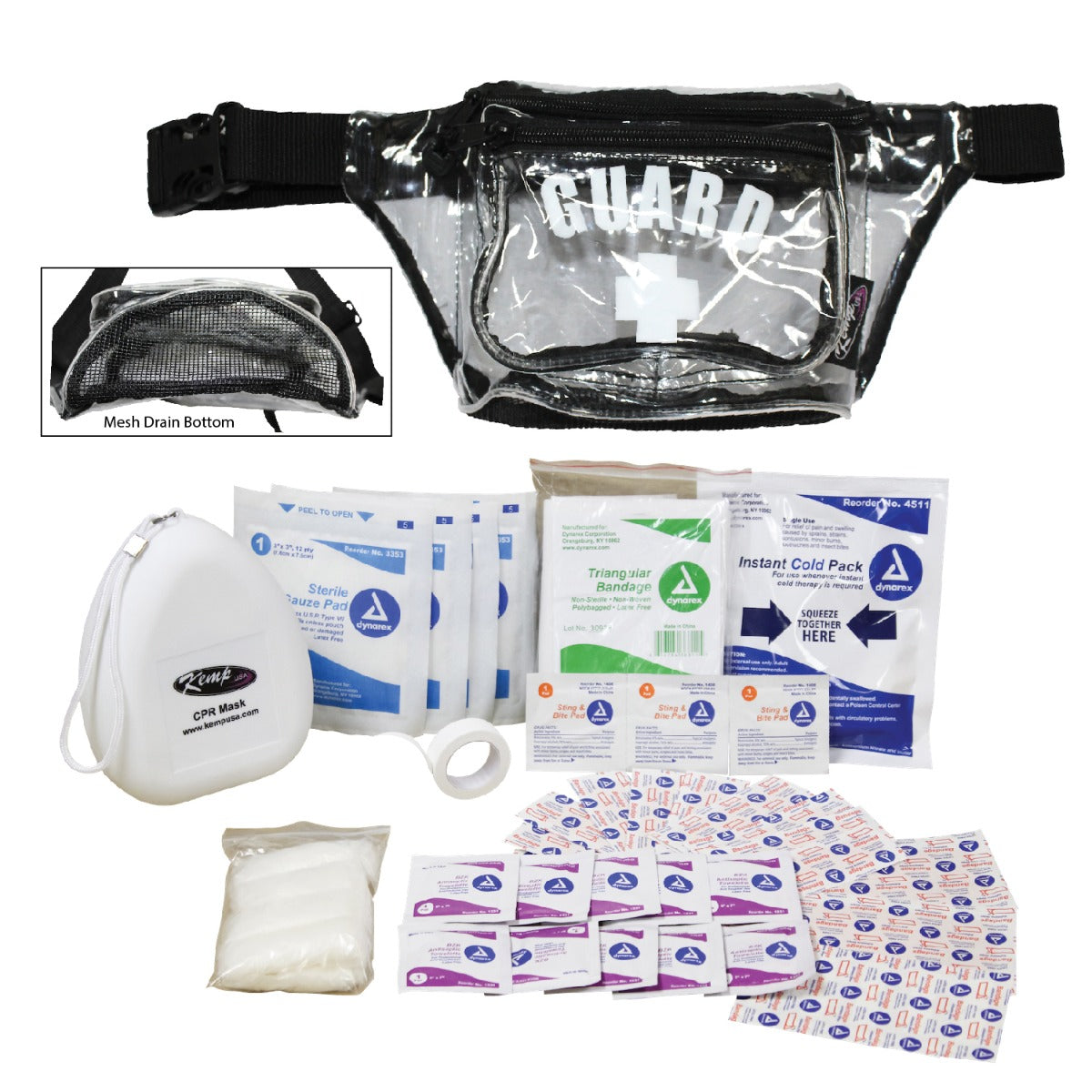 Kemp USA Hip Pack with Mesh Drain, GUARD Logo, First Aid Supply Pack, Clear