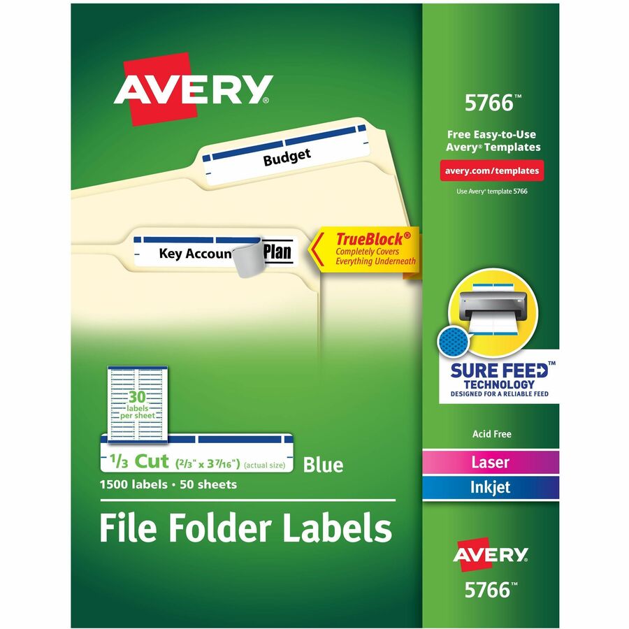 Avery®, TrueBlock File Folder Labels - 2/3" Width x 3 7/16" Length - Permanent Adhesive - Rectangle - Inkjet, Laser - Matte - Blue - Paper - 30 / Sheet - 50 Total Sheets - 1500 Total Label(s) - 1500 / Box