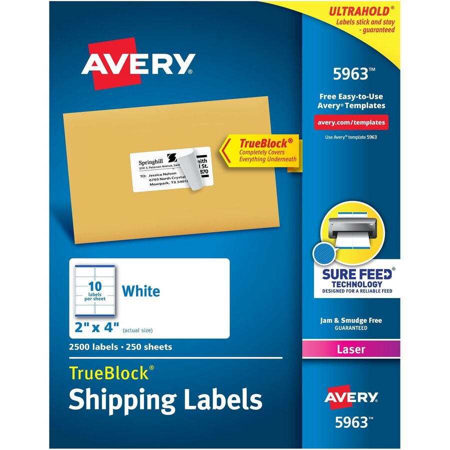 Avery®, Shipping Labels, Sure Feed®, , 2" x 4" , 2,500 Labels (5963) - 2" Width x 4" Length - Permanent Adhesive - Rectangle - Laser - Matte - White - Paper - 10 / Sheet - 250 Total Sheets - 2500 Total Label(s) - 2500 / Box