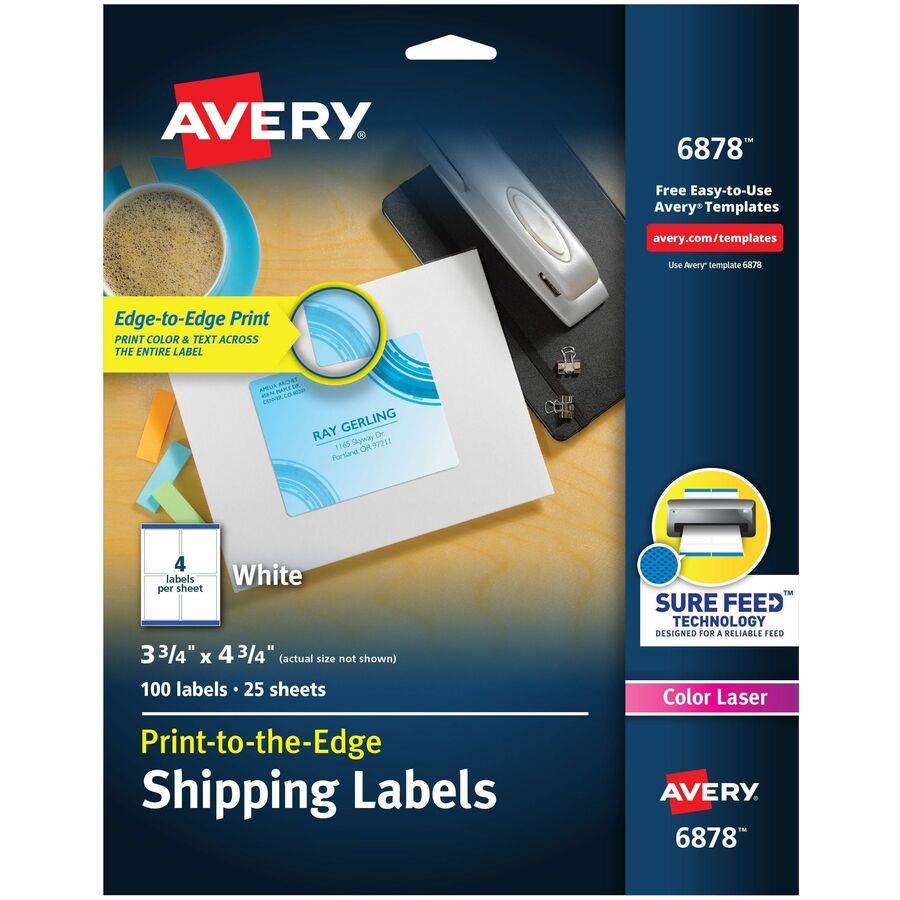 Avery®, Shipping Labels, Sure Feed, 3-3/4" x 4-3/4" , 100 Labels (6878) - 3 3/4" Width x 4 3/4" Length - Permanent Adhesive - Rectangle - Laser, Inkjet - Matte - White - Paper - 4 / Sheet - 25 Total Sheets - 100 Total Label(s) - 100 / Pack