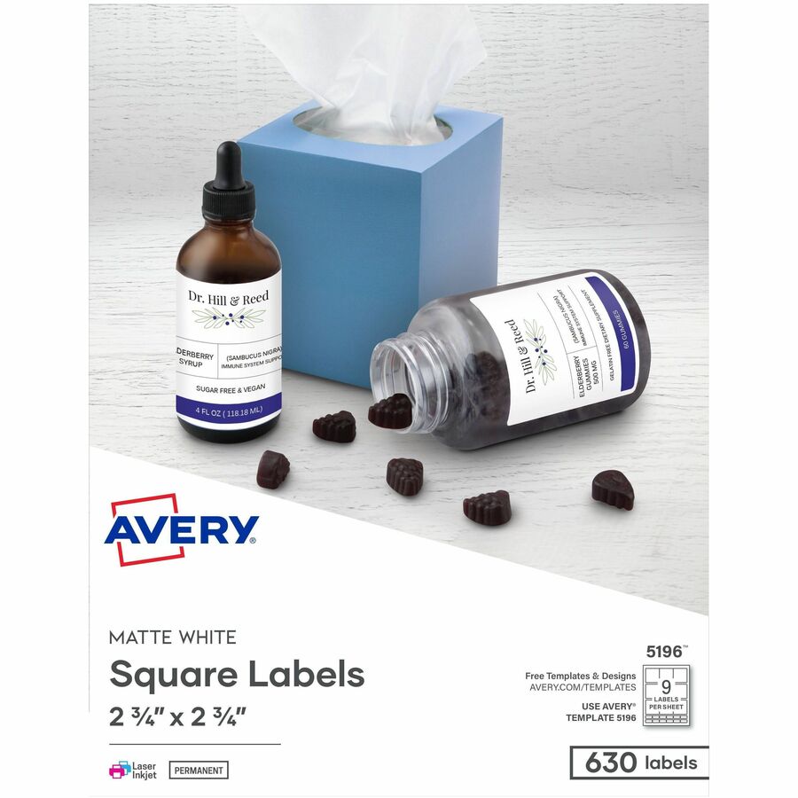 Avery®, 3-1/2" Diskette Labels - 2 3/4" Width x 2 3/4" Length - Permanent Adhesive - Inkjet, Laser - Matte White - Paper - 9 / Sheet - 70 Total Sheets - 630 Total Label(s) - 630 / Box