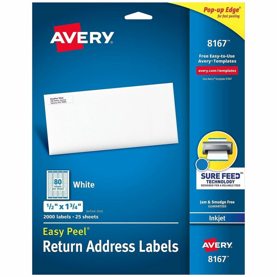 Avery®, Easy Peel Return Address Labels, 1/2"x1-3/4" 2,000 Labels (8167) - x 1/2" Width x 1 3/4" Length - Permanent Adhesive - Rectangle - Inkjet - Matte - White - Paper - 80 / Sheet - 25 Total Sheets - 2000 Total Label(s) - For Label Printer - 2000...