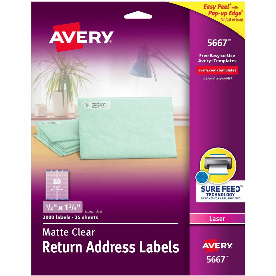 Avery®, Easy Peel Return Address Labels - 1/2" Width x 1 3/4" Length - Permanent Adhesive - Rectangle - Laser - Matte - Clear - Film - 80 / Sheet - 25 Total Sheets - 2000 Total Label(s) - 2000 / Pack