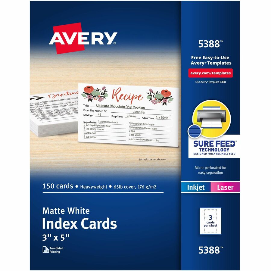 Avery®, Laser, Inkjet Printable Index Cards - 97 Brightness - A7 - 3" x 5" - 65 lb Basis Weight - 176 g/m², Grammage - Matte - Perforated, Smudge-free, Jam-free, Uncoated, Micro Perforated, Smooth Edge, Double-sided, Recyclable - White - 50 Shee...