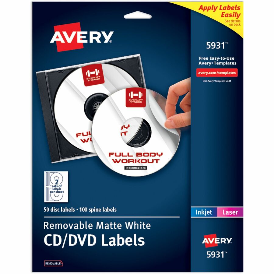 Avery®, 5931 Laser Labels Shuttered Jewel Case Inserts with Software for CD/DVD - Insert - Removable Adhesive - Inkjet, Laser - Matte - Matte White - Paper - 2 / Sheet - 25 Total Sheets - 50 Total Label(s) - 50 / Pack