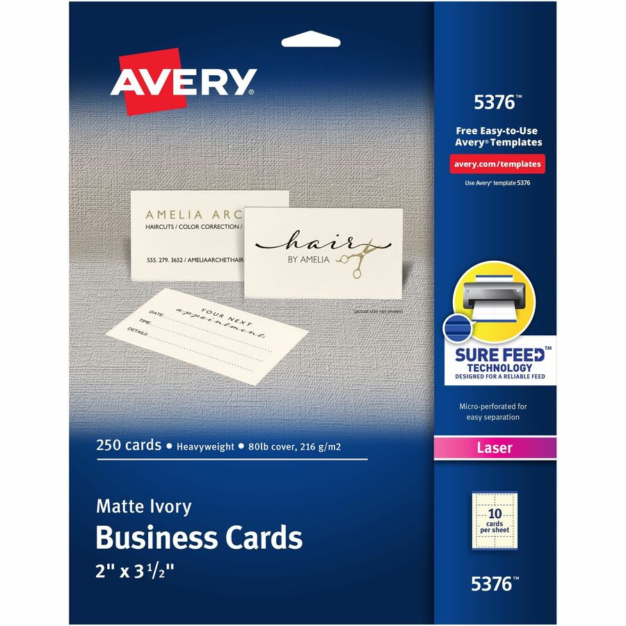 Avery®, 2" x 3.5" Ivory Business Cards, Sure Feed Technology, Laser, 250 Cards (5376) - 79 Brightness - A4 - 8 1/2" x 11" - 80 lb Basis Weight - 216 g/m², Grammage - Matte - Perforated, Heavyweight, Smooth Edge, Anti-jam, Double-sided, Printable...
