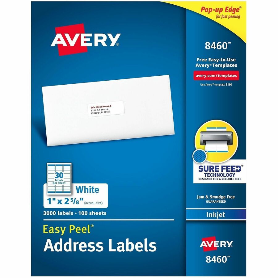 Avery®, Easy Peel White Inkjet Mailing Labels - 1" Width x 2 5/8" Length - Permanent Adhesive - Rectangle - Inkjet - Matte - White - Paper - 30 / Sheet - 100 Total Sheets - 3000 Total Label(s) - 3000 / Box