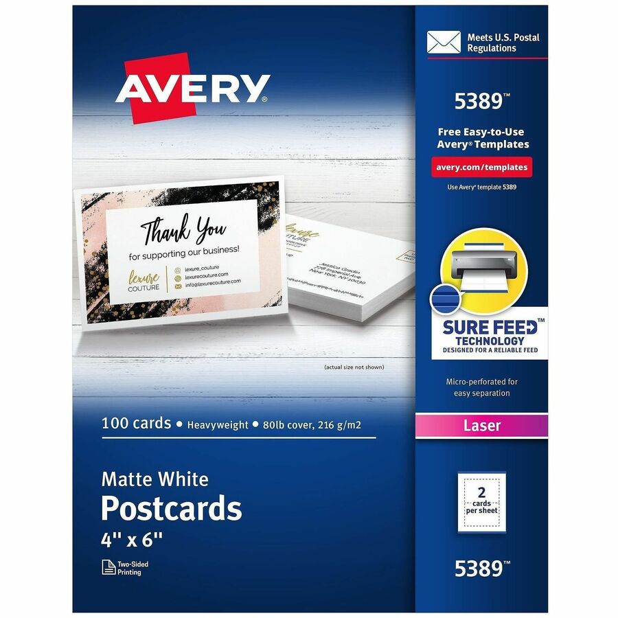 Avery®, Sure Feed Postcards - 97 Brightness - 4" x 6" - 80 lb Basis Weight - 216 g/m², Grammage - Matte - Perforated, Heavyweight, Rounded Corner, Uncoated, Smudge-free, Recyclable, Printable, Double-sided, Jam-free - White - 100 / Box
