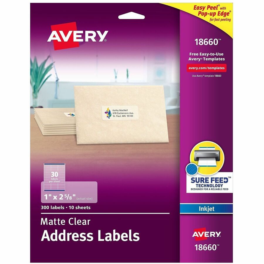 Avery®, Matte Clear Address Labels - Sure Feed Technology - x 1" Width x 2 5/8" Length - Permanent Adhesive - Rectangle - Inkjet - Matte - Clear - Film - 30 / Sheet - 10 Total Sheets - 300 Total Label(s) - For Label Printer - 1 Pack