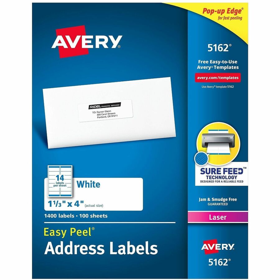 Avery®, Address Labels, 1-1/3" x 4" , White, 1,400ct (5162) - Waterproof - x 1 21/64" Width x 4" Length - Permanent Adhesive - Rectangle - Laser - Matte - White - Paper - 14 / Sheet - 100 Total Sheets - 1400 Total Label(s) - For Label Printer - 1400...