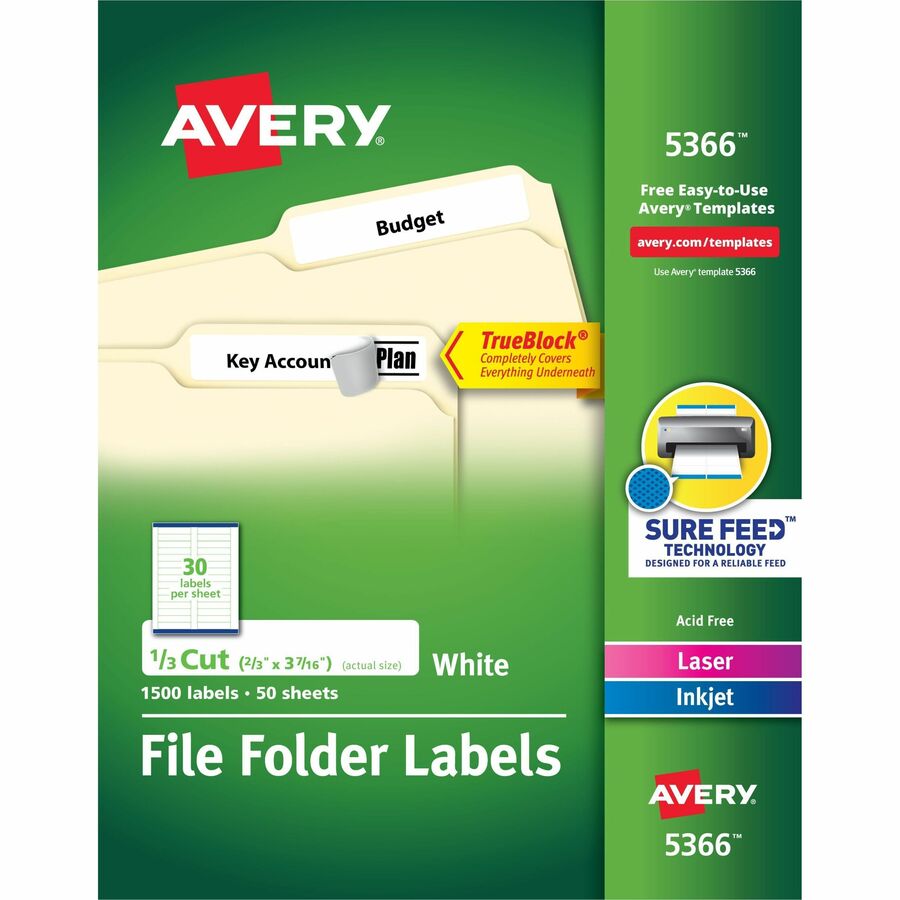 Avery®, File Folder Labels, 2/3" x 3-7/16" , 1,500 White Labels (5366) - x 2/3" Width x 3 7/16" Length - Permanent Adhesive - Rectangle - Laser, Inkjet - Matte - White - Paper - 30 / Sheet - 50 Total Sheets - 1500 Total Label(s) - For Label Printer...