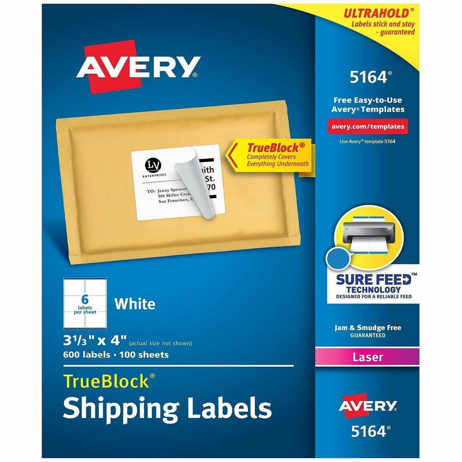 Avery®, Shipping Labels, 3-1/3" x 4" , White, 600ct (5164) - x 3 21/64" Width x 4" Length - Permanent Adhesive - Rectangle - Laser - Matte - White - Paper - 6 / Sheet - 100 Total Sheets - 600 Total Label(s) - For Label Printer - 600 / Box
