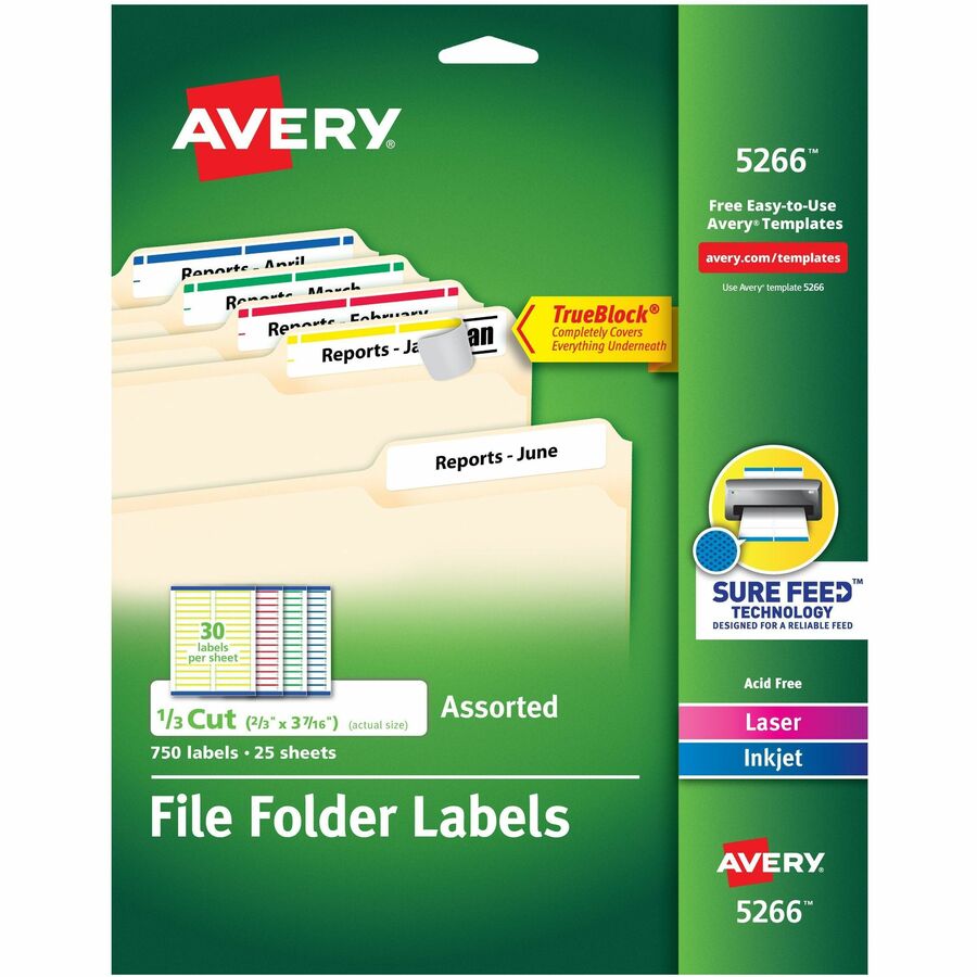 Avery®, File Folder Labels, 2/3" x 3-7/16" , Assorted Colors (5266) - x 2/3" Width x 3 7/16" Length - Permanent Adhesive - Rectangle - Laser, Inkjet - Matte - Yellow, Green, Red, White - Paper - 30 / Sheet - 25 Total Sheets - 750 Total Label(s) - Fo...