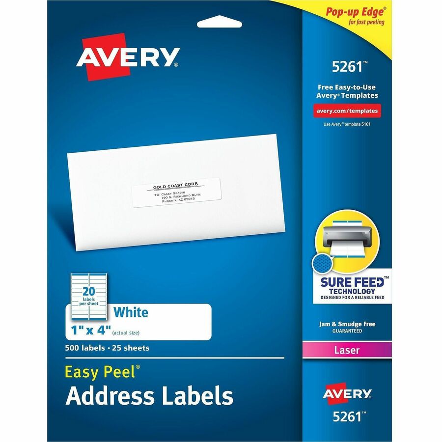 Avery®, Easy Peel Address Labels, 1" x 4" , 500 White Labels (5261) - x 1" Width x 4" Length - Permanent Adhesive - Rectangle - Laser - Matte White - White - Paper - 20 / Sheet - 25 Total Sheets - 500 Total Label(s) - For Label Printer - 500 / Pack