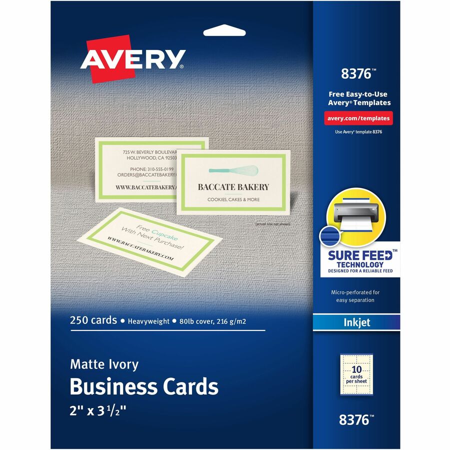 Avery®, Sure Feed®, Ivory Business Cards - 79 Brightness - A4 - 8 1/2" x 11" - 80 lb Basis Weight - 216 g/m², Grammage - Matte - Perforated, Heavyweight, Rounded Corner, Printable, Recyclable, Biodegradable, Smooth Edge, Double-sided, Smudge...