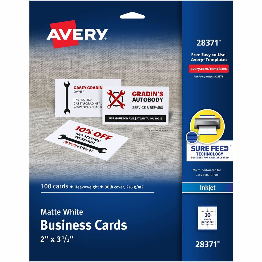 Avery®, Printable Business Cards with SureFeed - 97 Brightness - 8 1/2" x 11" - 80 lb Basis Weight - 216 g/m², Grammage - Matte - Perforated, Smooth Edge, Recyclable, Biodegradable, Uncoated, Printable, Anti-jam, Double-sided, Smudge-free - Whit...