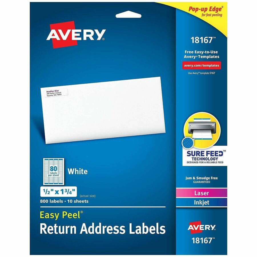 Avery®, Easy Peel Return Address Labels, 1/2"x1-3/4" , 800 Labels (18167) - x 1/2" Width x 1 3/4" Length - Permanent Adhesive - Rectangle - Inkjet, Laser - Matte White - White - Paper - 80 / Sheet - 10 Total Sheets - 800 Total Label(s) - For Label P...