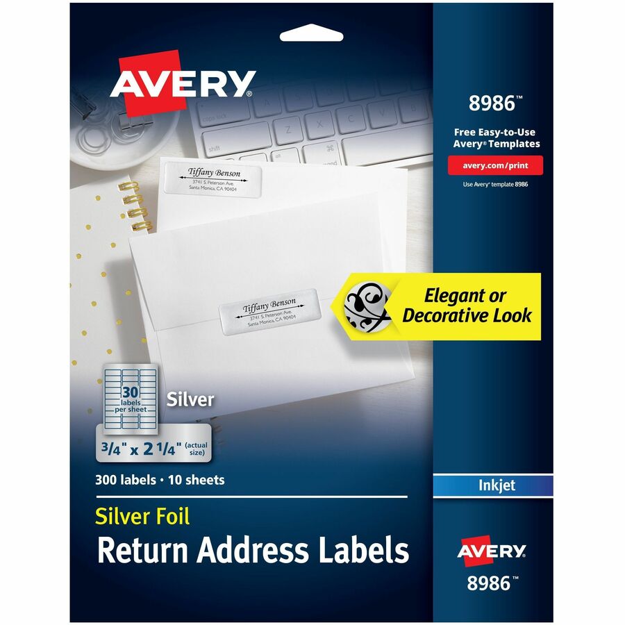 Avery®, Gold Foil Mailing Labels - 3/4" Width x 2 1/4" Length - Permanent Adhesive - Rectangle - Inkjet - Silver - Paper - 30 / Sheet - 10 Total Sheets - 300 Total Label(s) - 300 / Pack