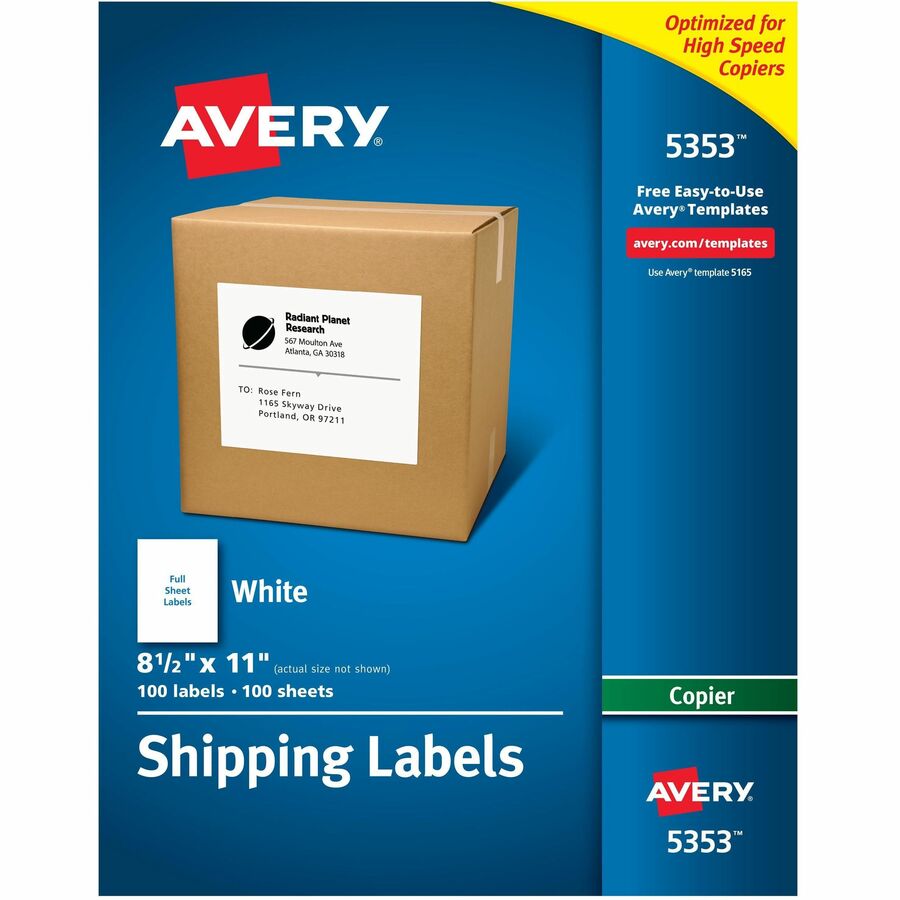 Avery®, Shipping Labels for Copiers, 8-1/2" x 11" , 100 Labels (5353) - 8 1/2" Width x 11" Length - Permanent Adhesive - Rectangle - Matte - White - Paper - 1 / Sheet - 100 Total Sheets - 100 Total Label(s) - 100 / Box