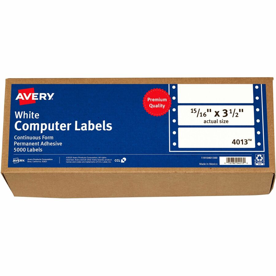Avery®, Continuous Form Computer Labels - 3 1/2" Length - Permanent Adhesive - Rectangle - Dot Matrix - White - 1 / Sheet - 5000 Total Label(s) - 5000 / Box