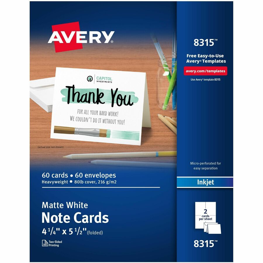 Avery®, Note Cards & Envelopes, 4.25" x 5.5" , Matte, 60ct (8315) - 97 Brightness - 5 1/2" x 4 1/4" - 80 lb Basis Weight - 216 g/m², Grammage - Matte - Heavyweight, Smooth Edge, Double-sided, Perforated, Micro Perforated, Pre-scored, Recyclable...