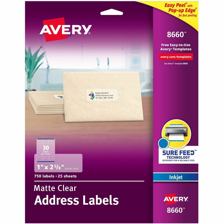 Avery®, Easy Peel Inkjet Printer Mailing Labels - x 1" Width x 2 5/8" Length - Permanent Adhesive - Rectangle - Inkjet - Matte - Clear - Film - 30 / Sheet - 25 Total Sheets - 750 Total Label(s) - For Label Printer - 750 / Pack