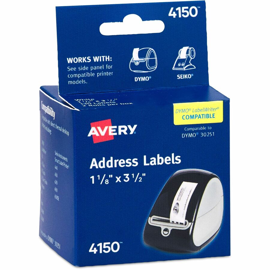 Avery®, Direct Thermal Roll Labels - 1 1/8" Width x 3 1/2" Length - Permanent Adhesive - Rectangle - Thermal - White - Paper - Water Resistant - 130 / Sheet - 130 / Roll - 2 Total Sheets - 260 Total Label(s) - 260 / Box