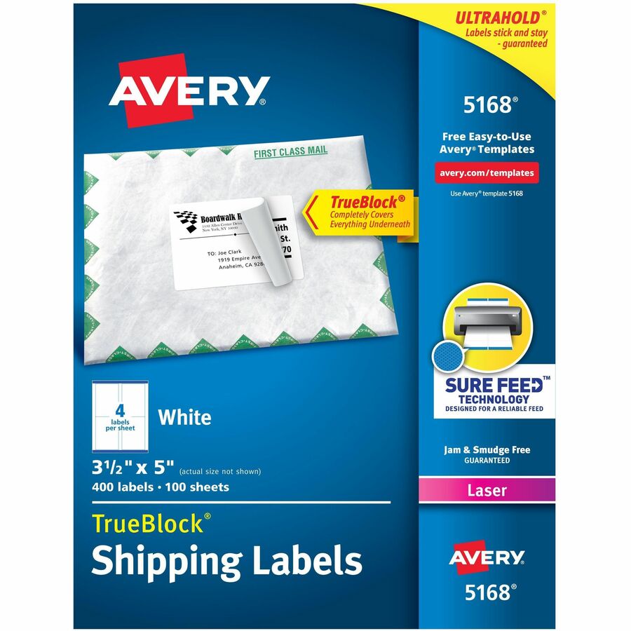 Avery®, Shipping Labels, Sure Feed, 3-1/2" x 5" , 400 Labels (5168) - 3 1/2" Width x 5" Length - Permanent Adhesive - Rectangle - Laser - Matte - White - Paper - 4 / Sheet - 100 Total Sheets - 400 Total Label(s) - 400 / Box