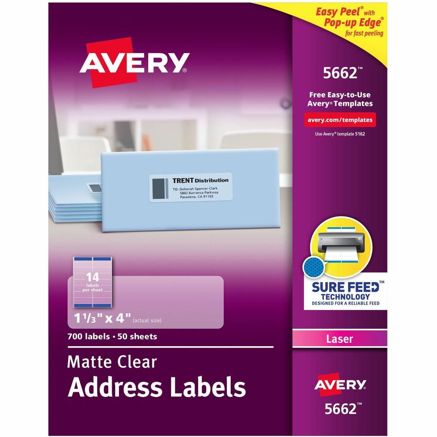 Avery®, Easy Peel Return Address Labels - 1 21/64" Width x 4" Length - Permanent Adhesive - Rectangle - Laser - Clear - Film - 14 / Sheet - 50 Total Sheets - 700 Total Label(s) - 700 / Box