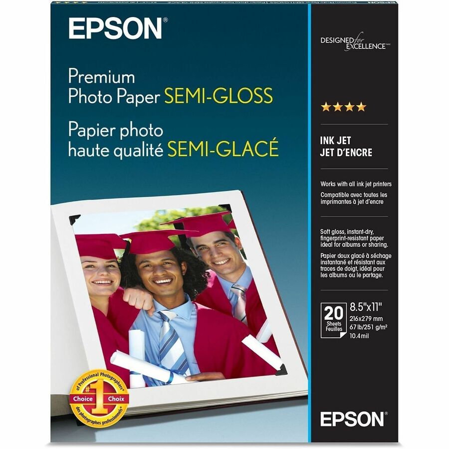 Epson Premium Semi-Gloss Photo Paper - 93 Brightness - 97% Opacity - Letter - 8 1/2" x 11" - 68 lb Basis Weight - Semi-gloss - White - 1 Box