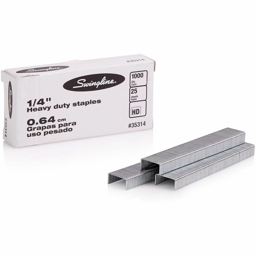 Swingline Premium Heavy-Duty Staples - Heavy Duty - 1/4" Leg - Holds 25 Sheet(s) - for Paper - Chisel Point, Heavy Duty - Silver - 100 Per Strip - 1000 / Box