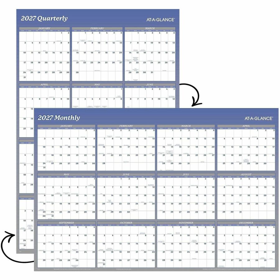 At-A-Glance Vertical Horizontal Reversible Erasable Wall Calendar - Extra Large - Yearly - 12 Month - January 2027 to December 2027 - 48" x 32" Sheet Size - White Sheet - Blue - Laminate - 1 Each