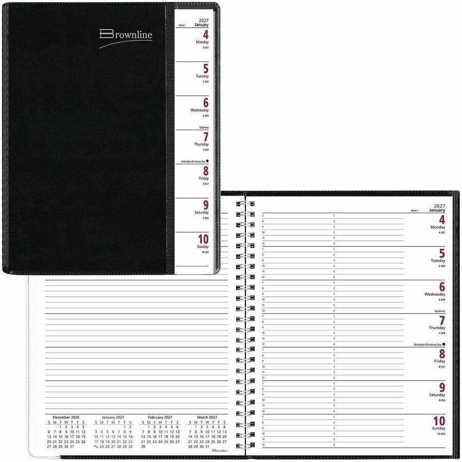 Brownline Pre-Vu Weekly Planner, Transparent Section, English, Black (CB920.BLK) - Bilingual - Weekly - 12 Month - January 2027 to December 2027 - 7:00 AM to 6:00 PM - Hourly - 6 3/4" x 8 1/2" Sheet Size - Twin Wire - Black - Paper - 1 Each