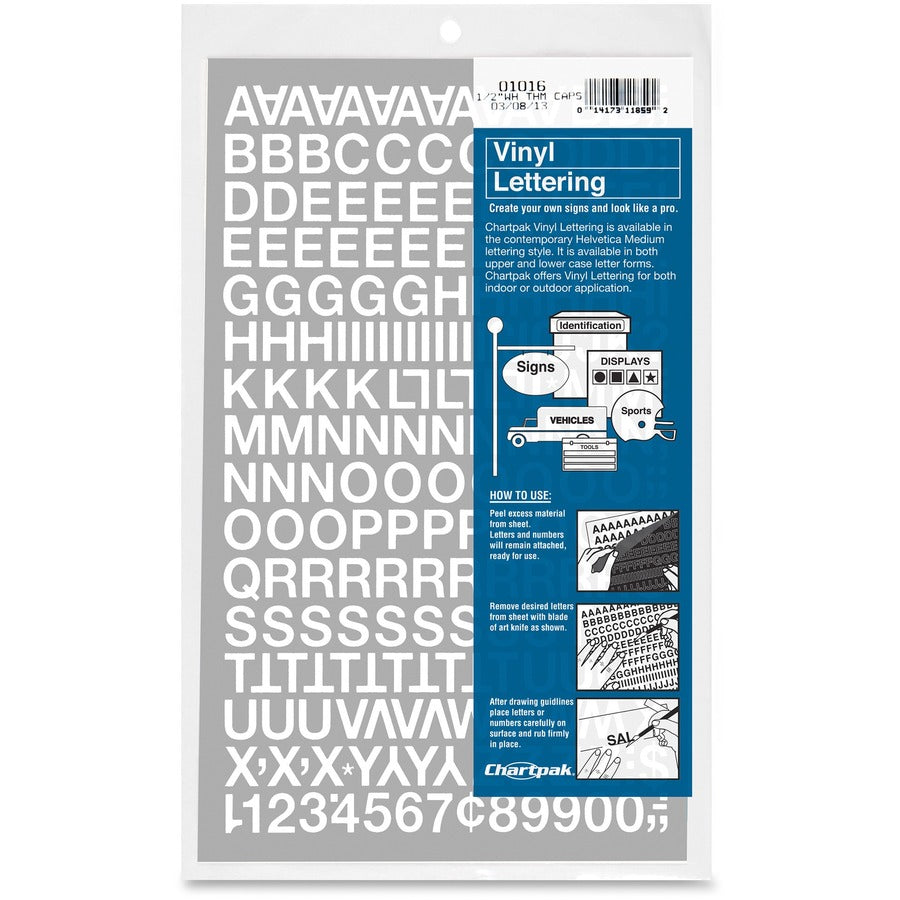 Chartpak Vinyl Helvetica Style Letters/Numbers - 12 x Numbers, 167 x Capital Letters Shape - Self-adhesive - Helvetica Style - Easy to Use - 0.50" Height - White - Vinyl - 1 Pack