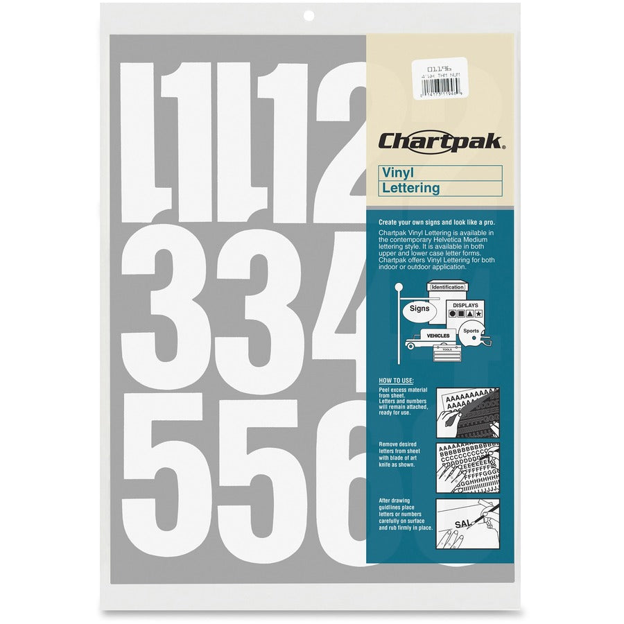 Chartpak Permanent Adhesive Vinyl Numbers - 23 x Numbers Shape - Self-adhesive - Helvetica Style - Easy to Use - 4" Height - White - Vinyl - 1 Pack