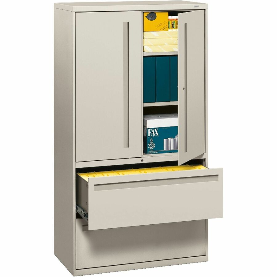 HON Brigade 700 Series Lateral File - 2-Drawer - 36" Width x 18" Depth x 64.3" Height - 3 x Shelf(ves) - 2 x Drawer(s) for File - 2 x Door(s) - Legal, Letter - Lateral - Locking Door, Sturdy, Tamper Resistant, Adjustable Leveler, Heavy Duty, Ball-beari...