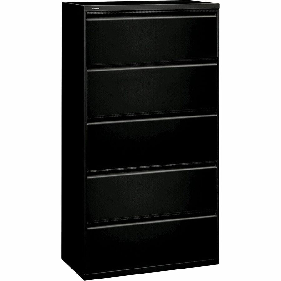 HON 800 Series Lateral File - 5-Drawer - 36" Width x 18" Depth x 64.2" Height - 2 x Shelf(ves) - 5 x Drawer(s) - Legal, Letter - Lateral - Security Lock - Black - Baked Enamel - Steel - Recycled