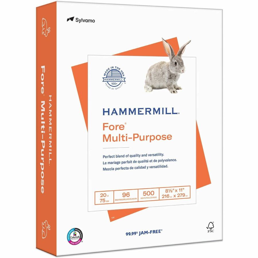 Hammermill Fore Multipurpose Copy Paper - White - 96 Brightness - 90% Opacity - Letter - 8 1/2" x 11" - 24 lb Basis Weight - Smooth - Jam-free, Archival-safe - White - 500 Sheets - 10 / Carton