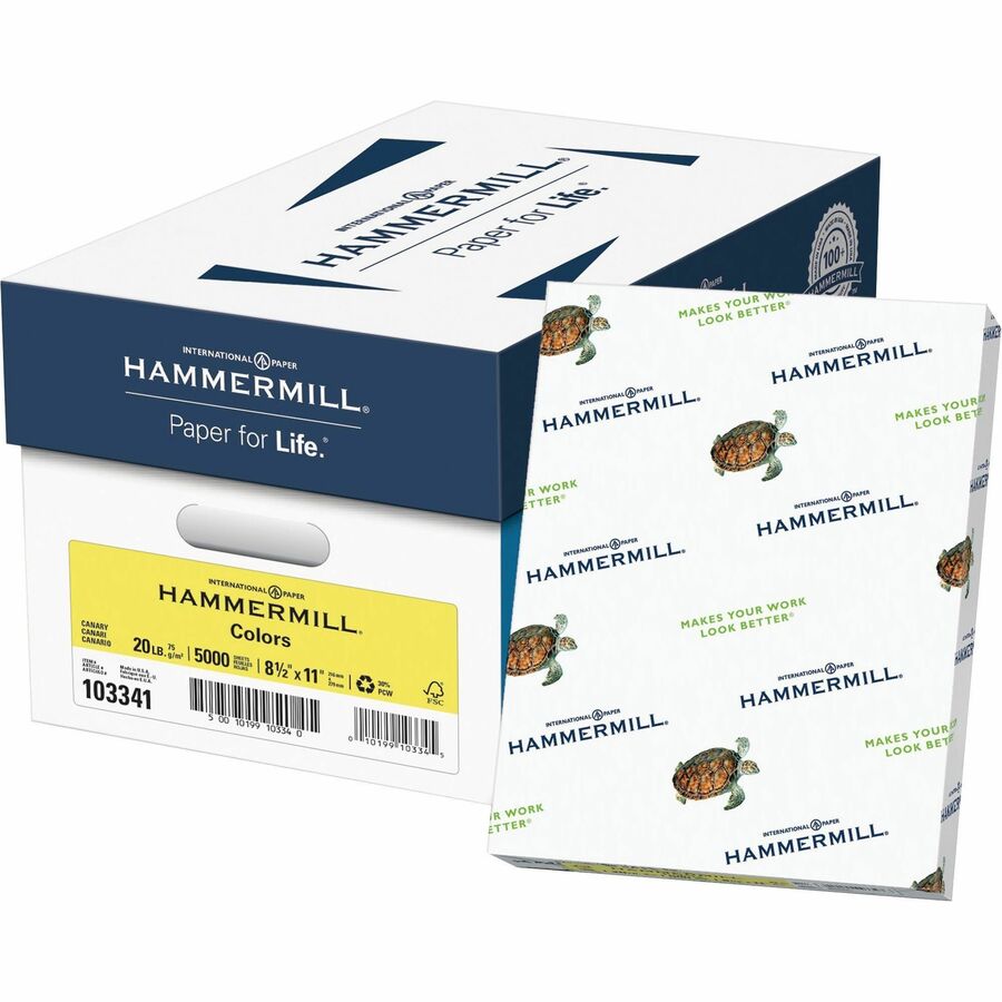 Hammermill Colors Recycled Copy Paper - Canary - Letter - 8 1/2" x 11" - 20 lb Basis Weight - Smooth - Sustainable Forestry Initiative (SFI) - Acid-free, Archival-safe, Jam-free, Eco-friendly - Canary - 5000 Sheets - 500 Sheets/Pack - 500 / Ream