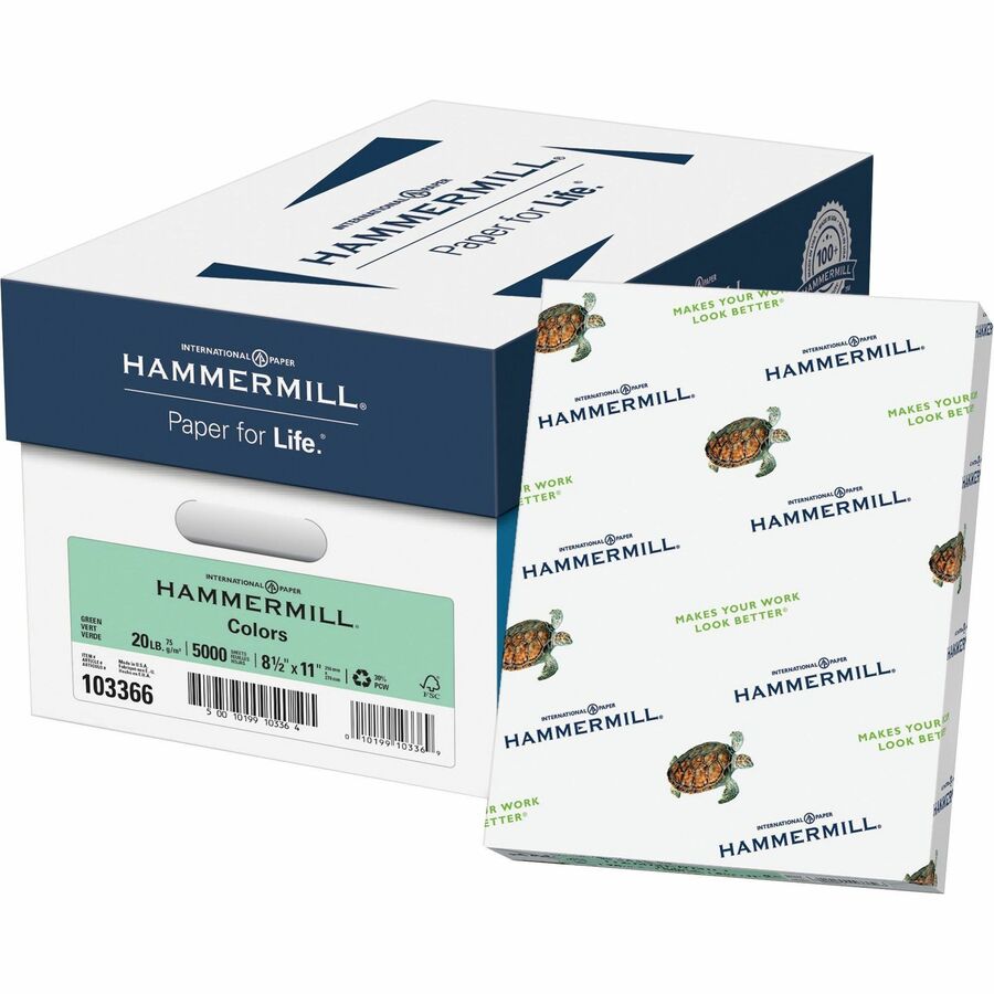 Hammermill Colors Recycled Copy Paper - Green - Letter - 8 1/2" x 11" - 20 lb Basis Weight - Smooth - Sustainable Forestry Initiative (SFI) - Acid-free, Archival-safe, Jam-free, Eco-friendly - Green - 5000 Sheets - 500 Sheets/Pack - 1 Ream
