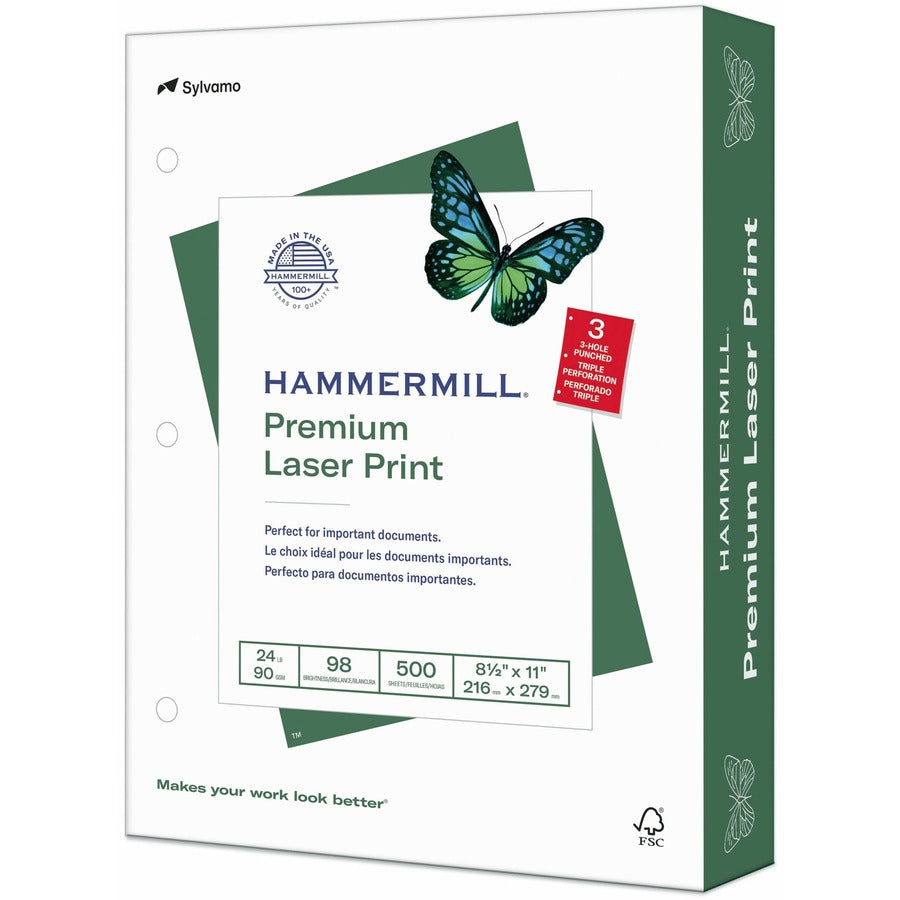 Hammermill Premium 3HP Laser Print Paper - White - 3-Hole Punched - 98 Brightness - Letter - 8 1/2" x 11" - 24 lb Basis Weight - Ultra Smooth - Sustainable Forestry Initiative (SFI) - White - 500 / Ream