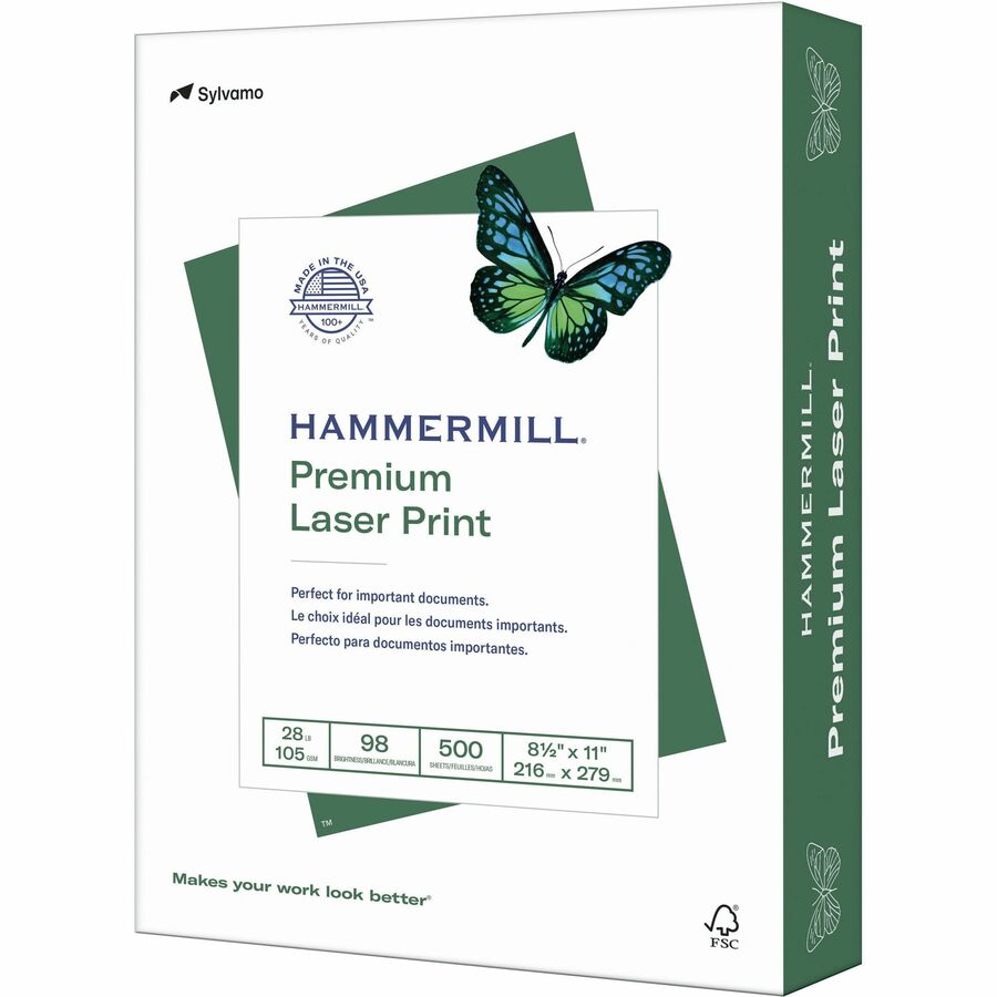 Hammermill Premium Laser Print Paper - White - 98 Brightness - Letter - 8 1/2" x 11" - 28 lb Basis Weight - Ultra Smooth - Sustainable Forestry Initiative (SFI) - White - 1 Ream