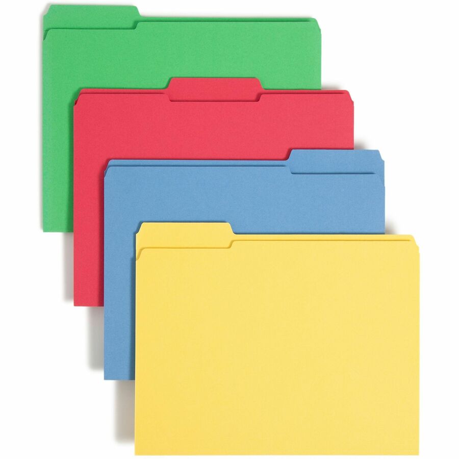 Smead Colored 1/3 Tab Cut Letter Top Tab File Folder - 8 1/2" x 11" - 3/4" Expansion - Top Tab Location - Assorted Tab Position - 11 pt. - 2 Plys - Blue, Green, Red, Yellow - Reinforced Tab - 10% Recycled - 12 / Pack