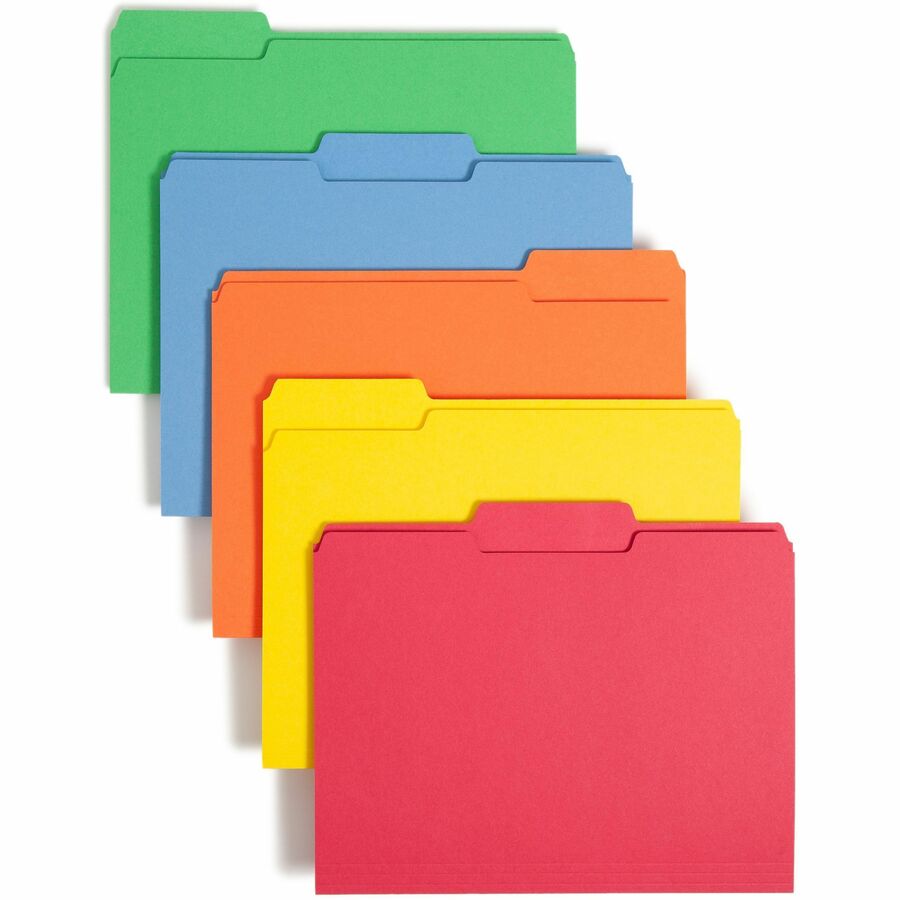 Smead 1/3 Tab Cut Letter Top Tab File Folder - 8 1/2" x 11" - 3/4" Expansion - Top Tab Location - Assorted Tab Position - 11 pt. - 1 Plys - Blue, Green, Orange, Red, Yellow - Rounded Corner - 10% Recycled - 100 / Box