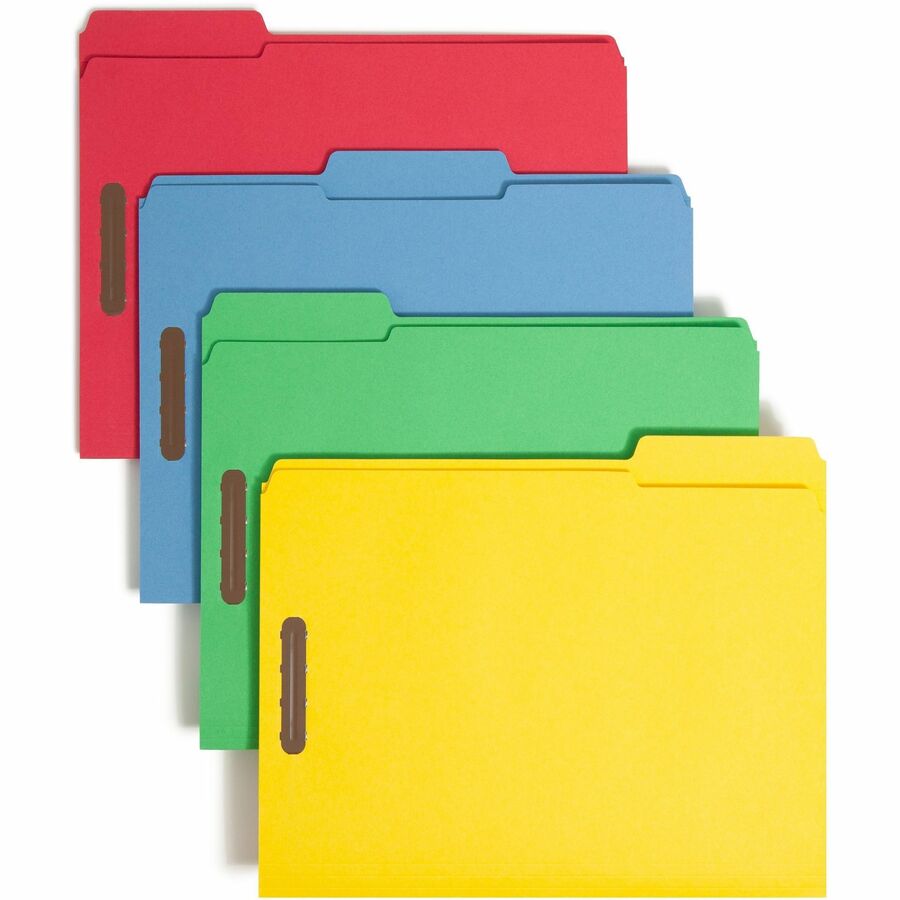 Smead Colored 1/3 Tab Cut Letter Fastener Folder - 8 1/2" x 11" - 3/4" Expansion - 2 x 2K Fastener - 2" for Folder - Top Tab Location - Assorted Tab Position - 11 pt. - 2 Plys - Blue, Green, Red, Yellow - Reinforced - 10% Recycled - 50 / Box