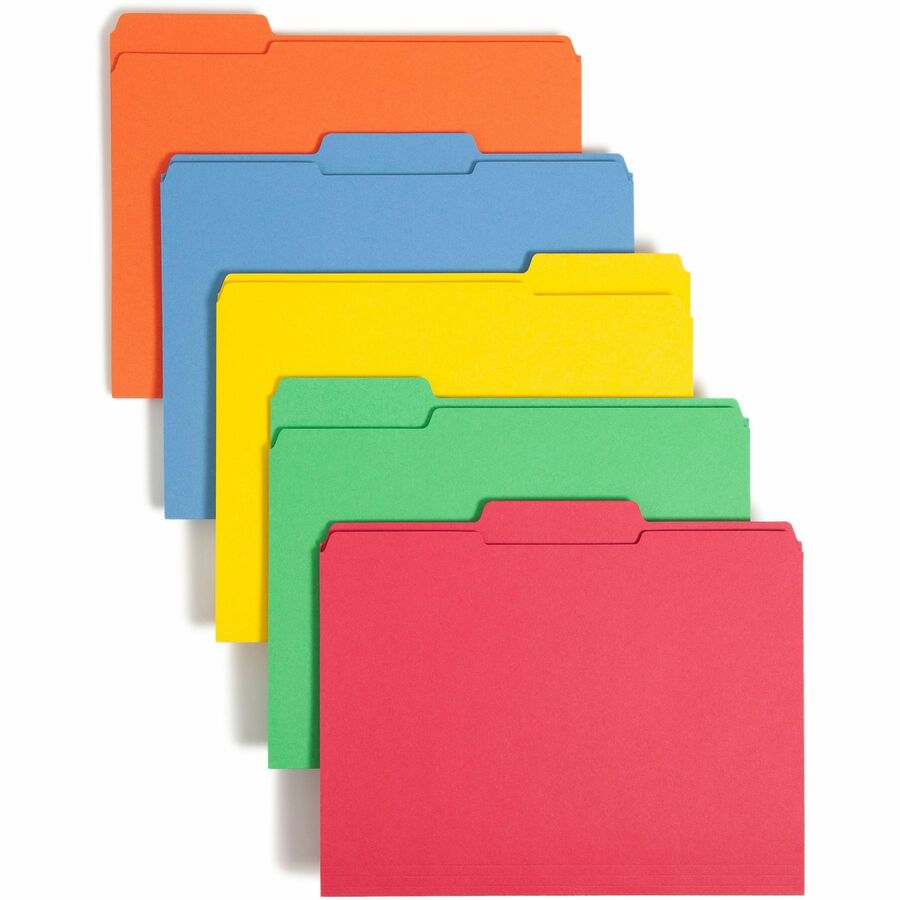 Smead Colored 1/3 Tab Cut Letter Top Tab File Folder - 8 1/2" x 11" - 3/4" Expansion - Top Tab Location - Assorted Tab Position - 11 pt. - 2 Plys - Blue, Green, Orange, Yellow - Reinforced - 10% Recycled - 100 / Box