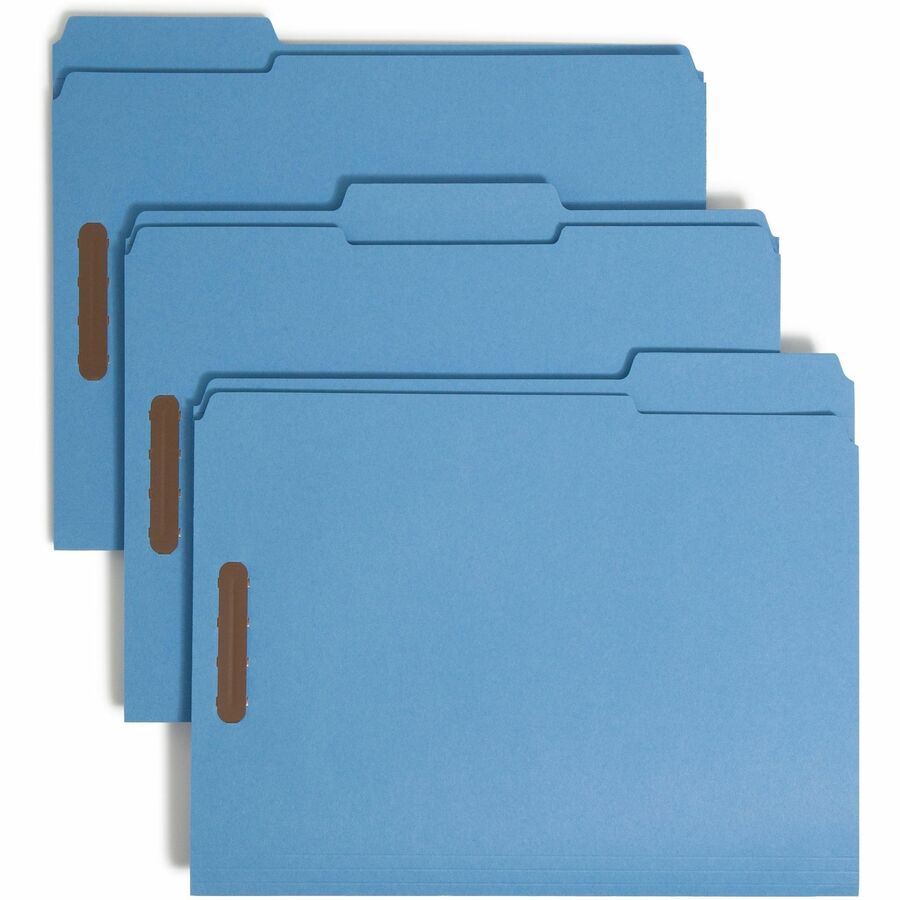 Smead Colored 1/3 Tab Cut Letter Fastener Folder - 8 1/2" x 11" - 3/4" Expansion - 2 x 2K Fastener - 2" for Folder - Top Tab Location - Assorted Tab Position - 11 pt. - 2 Plys - Blue - Reinforced Tab - 10% Recycled - 50 / Box