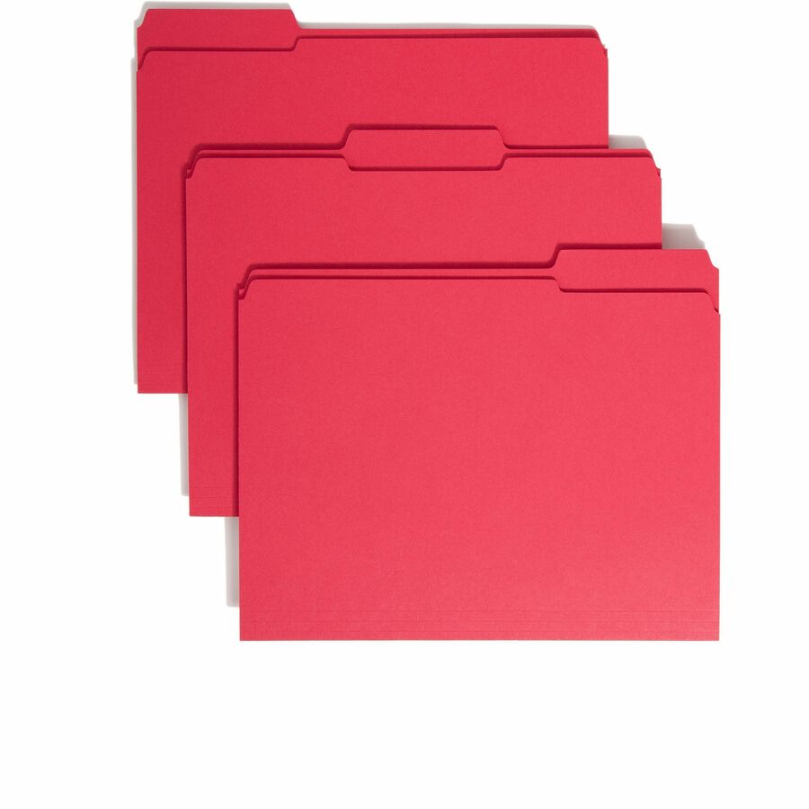Smead Colored 1/3 Tab Cut Letter Top Tab File Folder - 8 1/2" x 11" - 3/4" Expansion - Top Tab Location - Assorted Tab Position - 11 pt. - 2 Plys - Red - 10% Recycled - 100 / Box