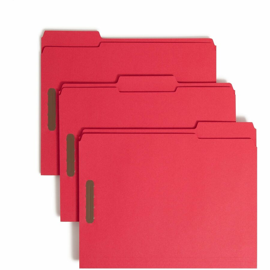 Smead Colored 1/3 Tab Cut Letter Fastener Folder - 8 1/2" x 11" - 3/4" Expansion - 2 x 2K Fastener - 2" for Folder - Top Tab Location - Assorted Tab Position - 11 pt. - 2 Plys - Red - Reinforced Tab - 10% Recycled - 50 / Box