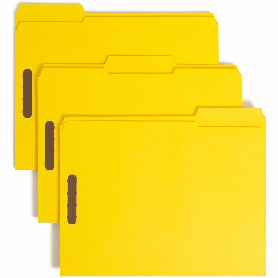 Smead Colored 1/3 Tab Cut Letter Fastener Folder - 8 1/2" x 11" - 3/4" Expansion - 2 x 2K Fastener - 2" for Folder - Top Tab Location - Assorted Tab Position - 11 pt. - 2 Plys - Yellow - Reinforced Tab - 10% Recycled - 50 / Box